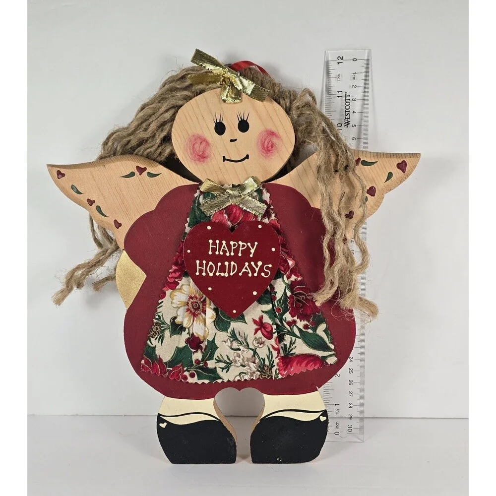 Vintage Christmas Happy Holidays Wooden Angel Plaque Handmade Folk Art JDI Inc